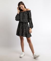 Vestido-Feminino-Curto-Ombro-a-Ombro-Estampado-Xadrez-Manga-Longa-Preto-9895346-Preto_3