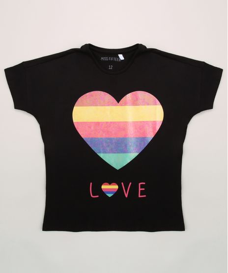 Blusa-Juvenil-Coracao-Colorido--Love--Manga-Curta-Preta-9962370-Preto_1