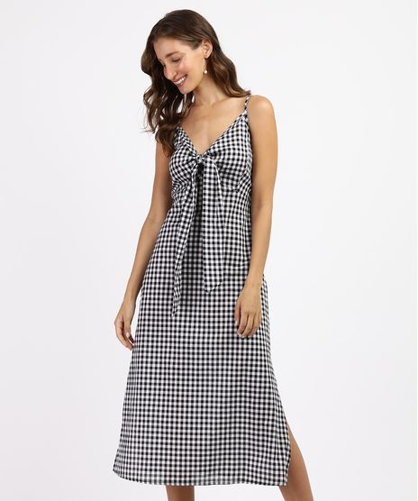 Vestido-Feminino-Midi-Estampado-Xadrez-Vichy-com-Fendas-e-No-Alca-Fina-Preto-9960159-Preto_1