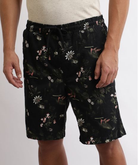 Bermuda-de-Sarja-Masculina-Relaxed-Estampada-Floral-com-Bolsos-Preta-9965417-Preto_1