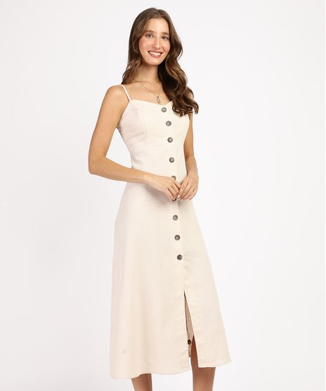 Vestido-Feminino-Midi-com-Linho-e-Botoes-Alca-Fina-Bege-Claro-9963797-Bege_Claro_1