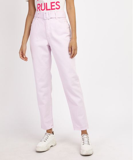 Calca-de-Sarja-Feminina-Mom-Cintura-Super-Alta-com-Cinto-Lilas-9963954-Lilas_1