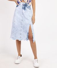 Saia-Jeans-Feminina-Midi-Marmorizada-com-Fenda-e-Barra-Desfiada-Azul-Claro-9964768-Azul_Claro_1