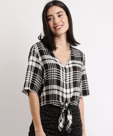 Camisa Feminina Cropped Estampada Xadrez com Nó Manga Curta Preta - G Menor preço em Camisa Feminina Cropped Estampada Xadrez com Nó Manga Curta Preta - G