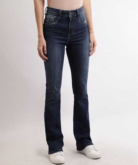calça jeans flare cintura alta azul escuro