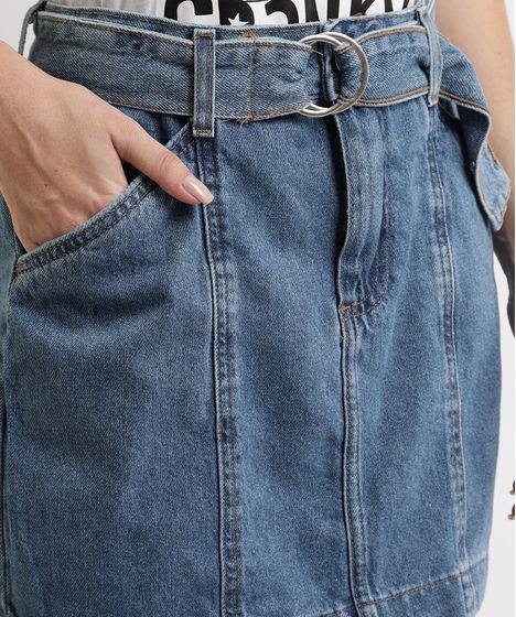 saia jeans curta com cinto