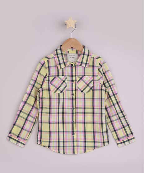 Camisa Infantil Estampada Xadrez de Festa Junina com Bolso Manga Longa Amarela