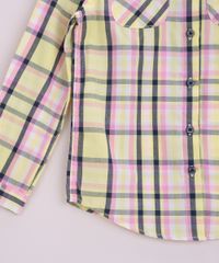 Camisa Infantil Estampada Xadrez de Festa Junina com Bolso Manga Longa Amarela detalhe estampa