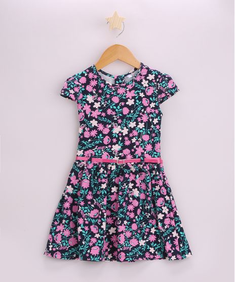 Vestido-Infantil-Estampado-Floral-Manga-Curta-com-Cinto-Azul-Marinho-9963724-Azul_Marinho_1