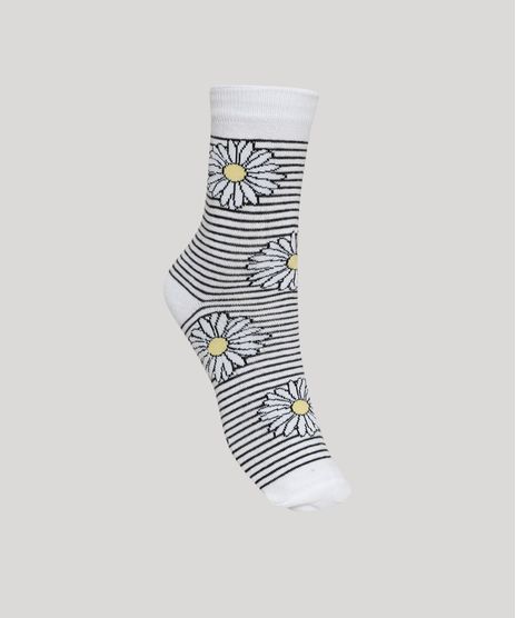 Meia-Feminina-Estampada-Listrada-e-de-Margaridas-Cano-Alto-Branca-9965152-Branco_1
