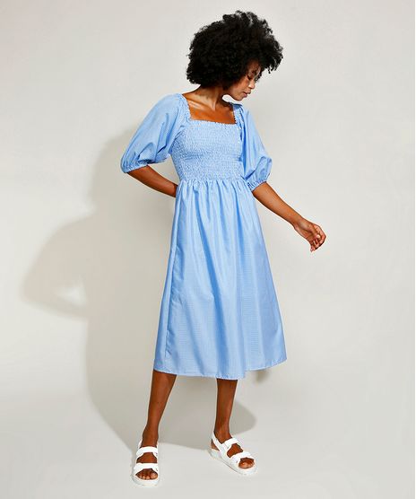 Vestido-Feminino-Mindset-Midi-Estampado-Xadrez-Vichy-com-Lastex-Manga-Bufante-Azul-Claro-9967303-Azul_Claro_1