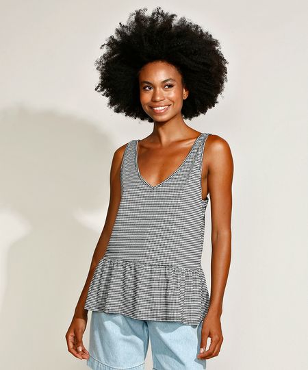 Regata-Feminina-Mindset-Estampada-Xadrez-Vichy-com-Babado-Alca-Larga-Decote-V-Preta-9970762-Preto_1