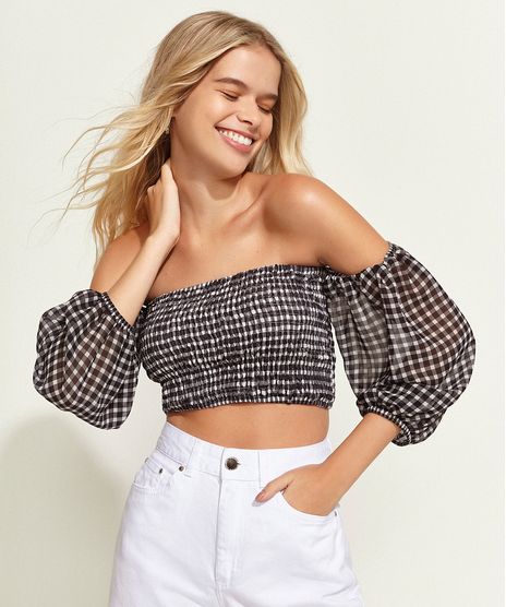 Blusa-Feminina-Cropped-Ombro-a-Ombro-Estampada-Xadrez-Vichy-Manga-Bufante-Preta-9965183-Preto_1