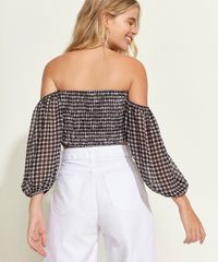 Blusa-Feminina-Cropped-Ombro-a-Ombro-Estampada-Xadrez-Vichy-Manga-Bufante-Preta-9965183-Preto_2