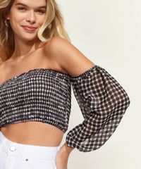 Blusa-Feminina-Cropped-Ombro-a-Ombro-Estampada-Xadrez-Vichy-Manga-Bufante-Preta-9965183-Preto_4