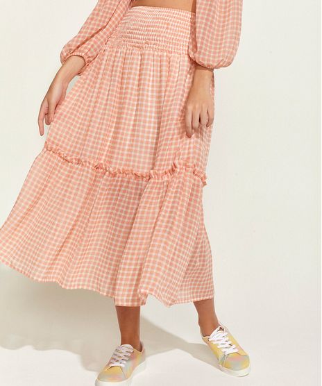 Saia-Feminina-Midi-Estampada-Xadrez-Vichy-com-Recorte-e-Lastex-Laranja-9965184-Laranja_1