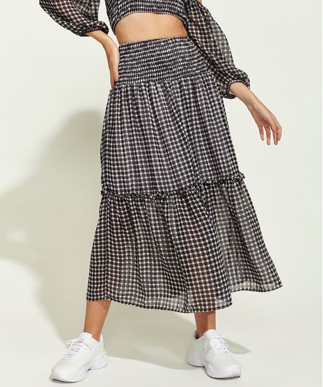 Saia-Feminina-Midi-Estampada-Xadrez-Vichy-com-Recorte-e-Lastex-Preta-9965184-Preto_1