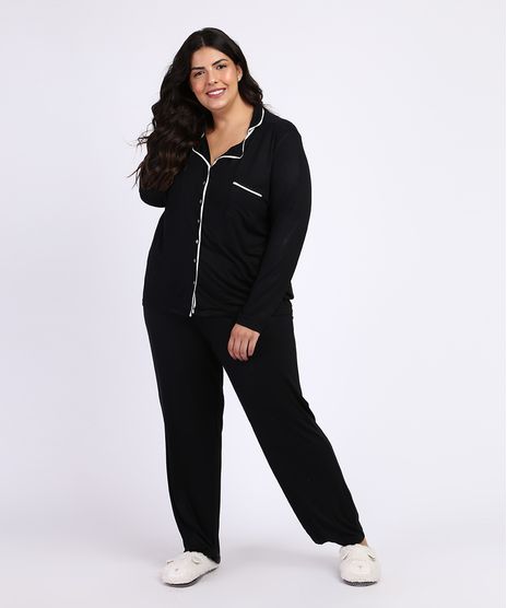 Pijama-Feminino-Plus-Size-Camisa-com-Vivo-Contrastante-e-Bolso-Manga-Longa-Preto-9955076-Preto_1