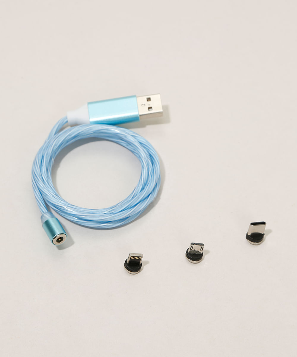 Cabo USB de Plástico com Iluminação em LED e 3 Ponteiras Azul