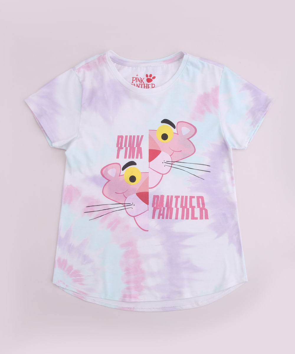 Blusa Juvenil Pantera Cor de Rosa Estampada Tie Dye Manga Curta Multicor