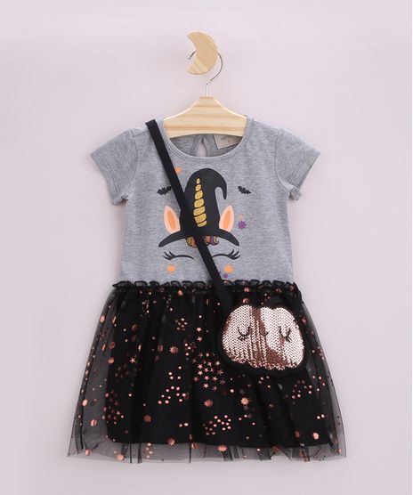 Vestido-Infantil-Halloween-Unicornio-Bruxo-com-Tule-Manga-Curta-e-Bolsa-em-Paetes-Cinza-Mescla-9957560-Cinza_Mescla_1