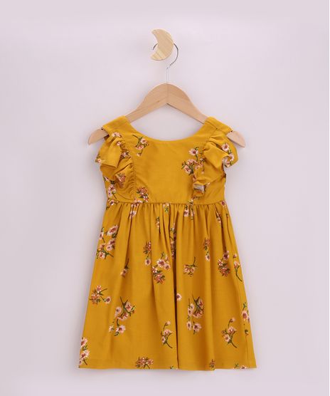 Vestido-Infantil-Estampado-Floral-com-Babados-Manga-Curta-Mostarda-9965078-Mostarda_1