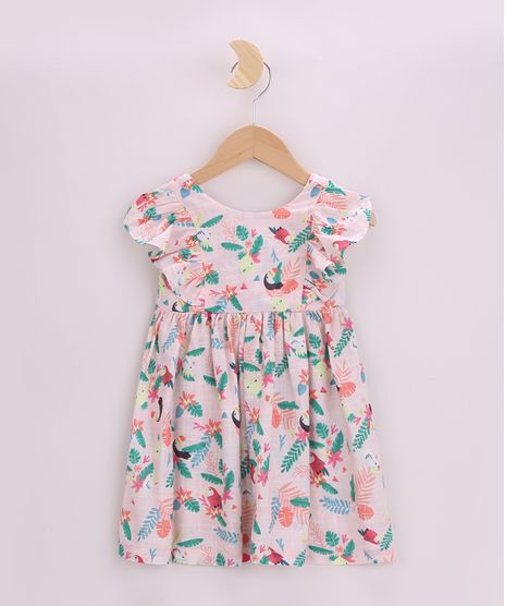Vestido-Infantil-Estampado-de-Tucanos-com-Babados-Manga-Curta-Coral-9965081-Coral_1