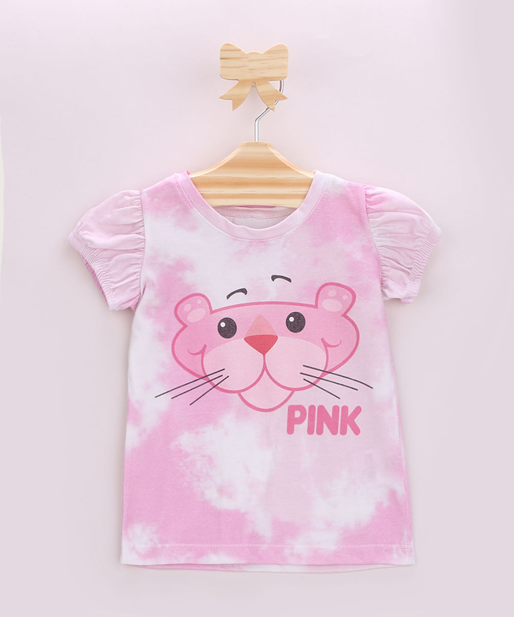 Blusa Infantil Pantera Cor de Rosa Estampada Tie Dye Manga Bufante Rosa