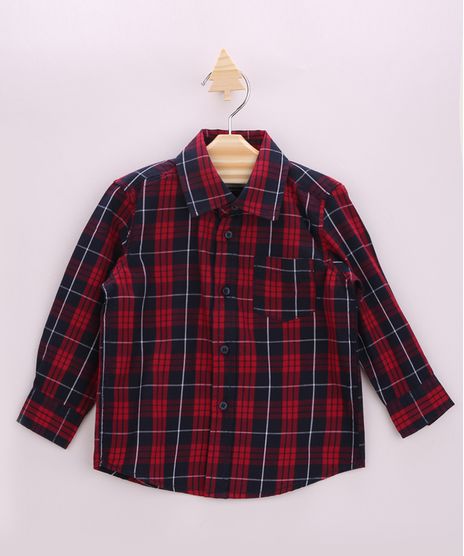 Camisa Infantil Festa Junina Estampada Xadrez com Bolso Manga Longa Vermelha