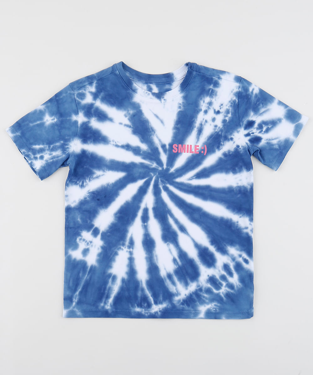 Camiseta Infantil Smile Estampado Tie Dye Manga Curta Gola Careca Azul