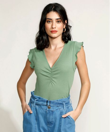 Blusa-Feminina-Canelada-Manga-Curta-Decote-V-com-Franzido-Verde-9893630-Verde_1_1