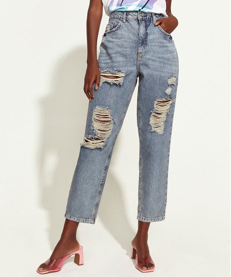 Calca-Jeans-Feminina-Triya-Mom-Cintura-Super-Alta-Destroyed-com-Bordado-de-Arco-Iris-Azul-Medio-9965083-Azul_Medio_1