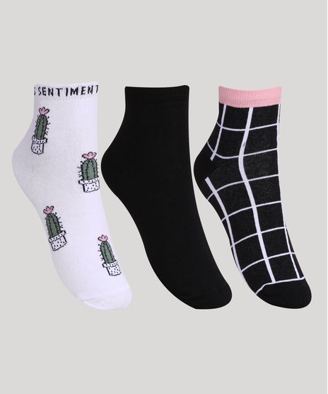Kit-de-3-Meias-Feminino-Estampado-Quadriculado-e-Cactos-Cano-Baixo-Multicor-9965375-Multicor_1