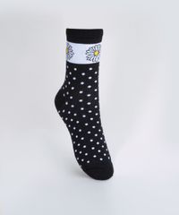 Meia-Feminina-Estampada-de-Poa-e-Margarida-Cano-Medio-Preto-9965150-Preto_1