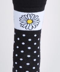 Meia-Feminina-Estampada-de-Poa-e-Margarida-Cano-Medio-Preto-9965150-Preto_3