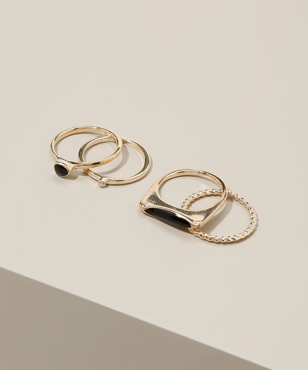 Kit Feminino de 4 Anéis Folheados Geométrico Texturizados e com Strass Dourado G