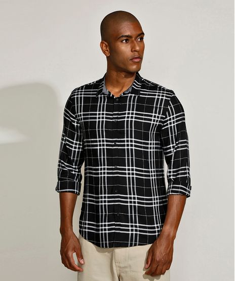 Camisa-Masculina-Slim-Estampado-Xadrez-Manga-Longa-Preta-9817479-Preto_1