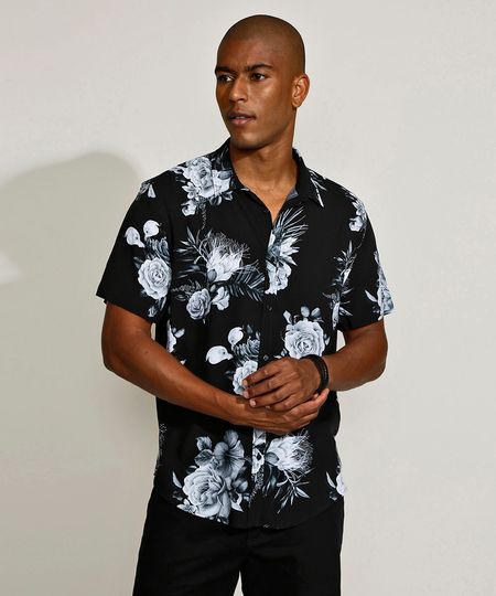 Camisa-Masculina-Slim-Estampado-Floral-Manga-Curta-Preta-9817470-Preto_1