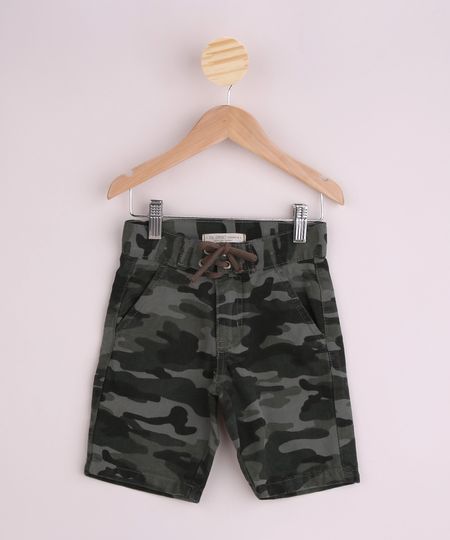 Bermuda de Sarja Infantil Slim Estampada Camuflada com Bolsos Verde Militar - 10 é boa?