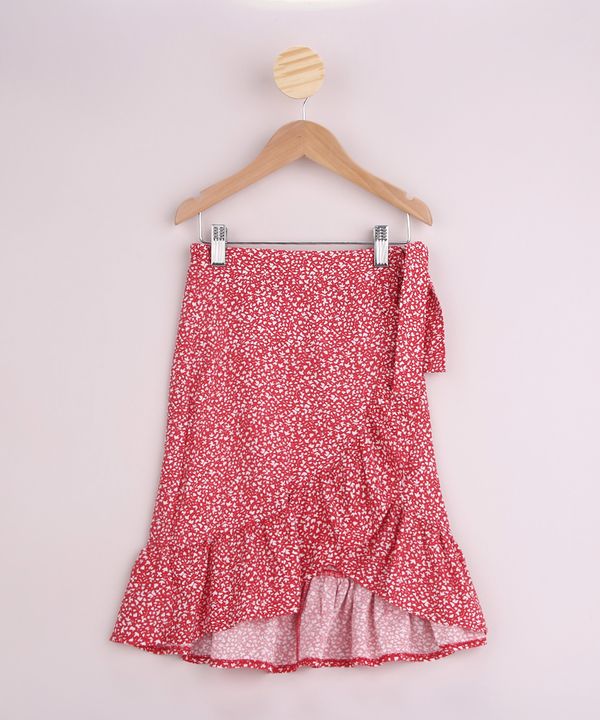 Saia Infantil Midi Estampada de Folhas com Laço e Babado Vermelha 4