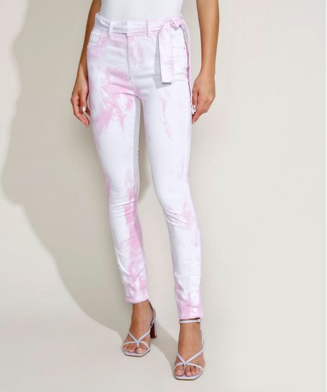 Calca-de-Sarja-Feminina-Sawary-Cigarrete-Cintura-Alta-Estampada-Tie-Dye-com-Faixa-para-Amarrar-Rosa-9974039-Rosa_1