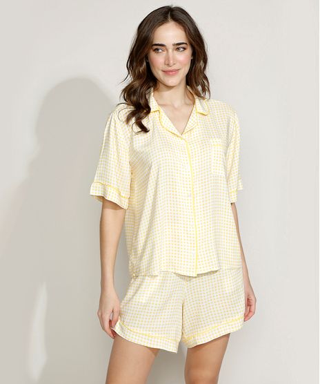 Conjunto-Feminino-Mindset-de-Camisa-Estampada-Xadrez-Manga-Curta---Short-Amarelo-9970752-Amarelo_1