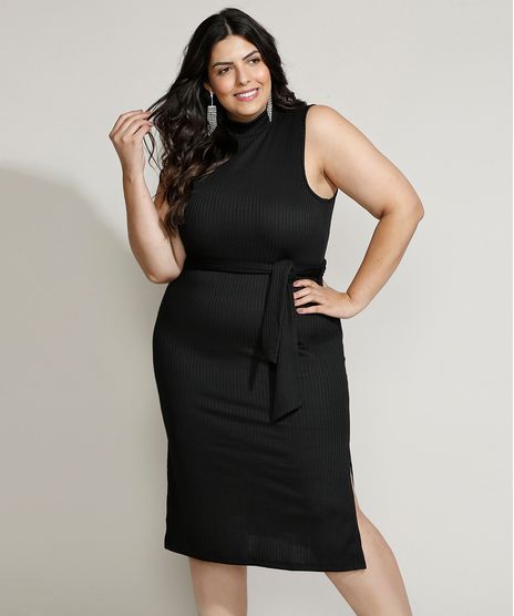 Vestido-Feminino-Plus-Size-Mindset-Midi-Canelado-com-Faixa-para-Amarrar-Sem-Manga-Gola-Alta-Preto-9970755-Preto_1