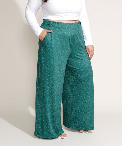 Calca-Feminina-Plus-Size-Mindset-Pantalona-Cintura-Alta-Estampada-de-Poa-com-Bolsos-Verde-9970769-Verde_1