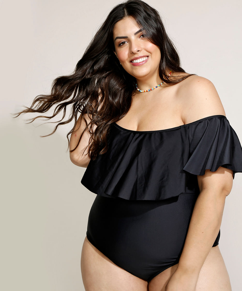 Maiô body plus size ombro a ombro sem bojo com proteção uv50