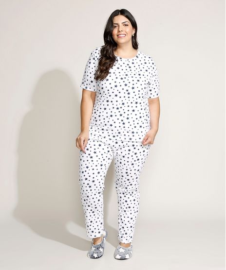 Pijama-Feminino-Plus-Size-Estampado-de-Estrelas-Manga-Curta-Branco-9961134-Branco_1