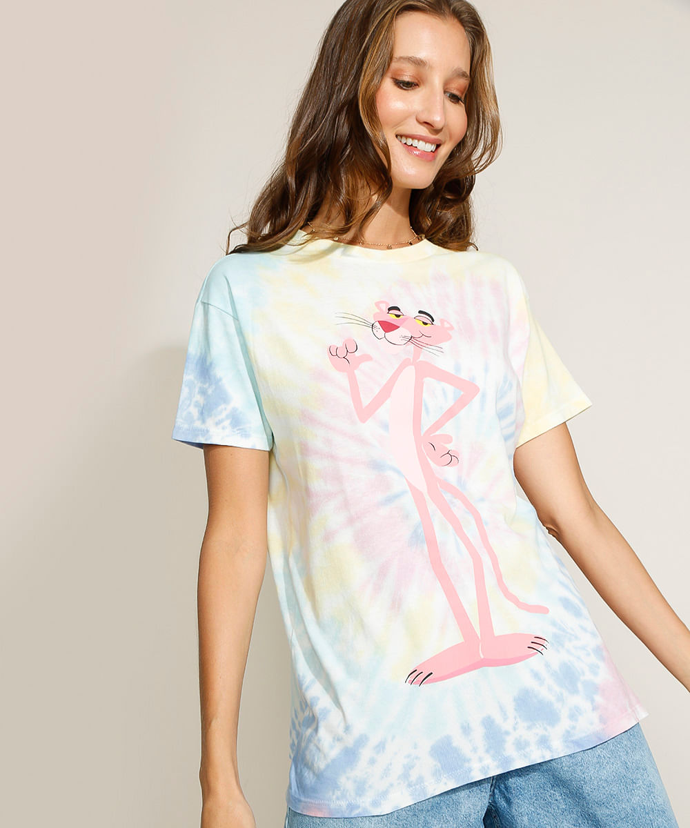 Blusa Feminina Pantera Cor de Rosa Estampada Tie Dye Manga Curta Decote Redondo Multicor