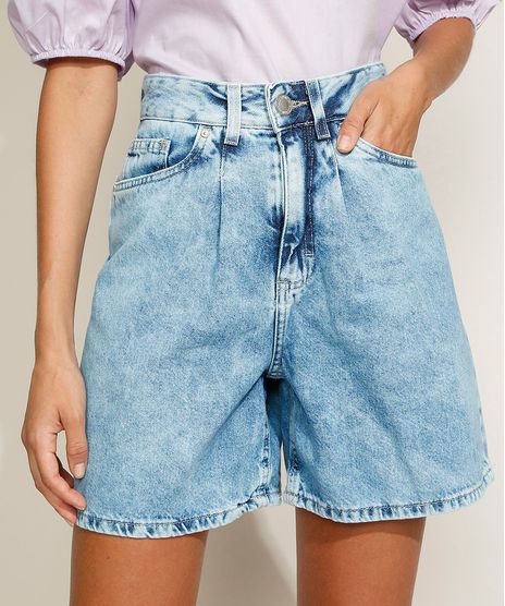 Bermuda-Jeans-Feminina-Cintura-Super-Alta-Marmorizada-com-Pregas-Azul-Claro-9970697-Azul_Claro_1