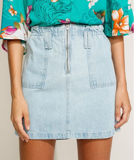 Saia-Jeans-Feminina-Curta-com-Ziper-e-Bolsos-Azul-Claro-9964971-Azul_Claro_1