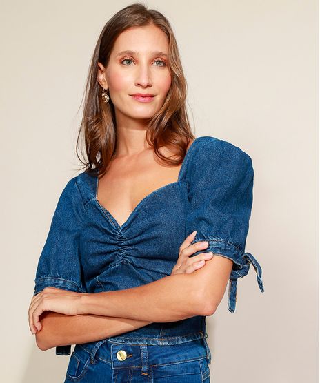 Blusa-Jeans-Feminina-Cropped-com-Lastex-Manga-Bufante-Decote-Coracao-Azul-Escuro-9964770-Azul_Escuro_1